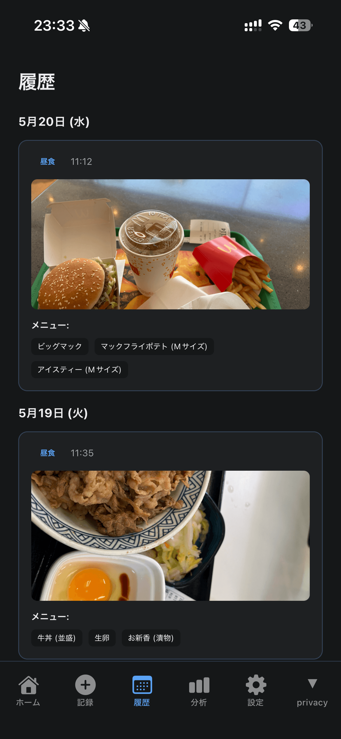 履歴画面 — 食事ログ一覧